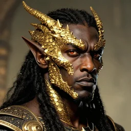 still from 3 0 0 of a head and shoulders portrait of a black dragonborn cleric, golden scales on the left side of his face, d & d, high fantasy, by donato giancola, comic book cover