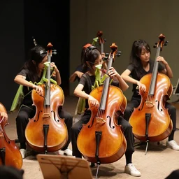 a group of praying mantis playing cellos
