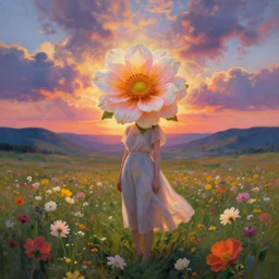 girl with an exploding blooming flower for a head, surreal photography, dream, standing in flower field, magical, in a valley, sunrise dramatic light, impressionist painting, colorful clouds, artstation, simon stalenhag, blooming flower face