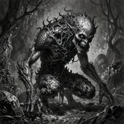 Dark art, grungy, nightmare creature, hyperdetailed, artstation, trending on cgsociety, ultra high quality, golden ratio, intricate artwork masterpiece, black and white, by greg rutkowski, by Gustave Dore, 8k, High contrast