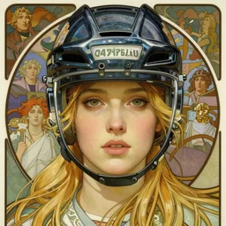 realistic detailed face portrait of female ice hockey player with high tech helmet and blonde hair by Alphonse Mucha, Ayami Kojima, Amano, Charlie Bowater, Karol Bak, Greg Hildebrandt, Jean Delville, and Mark Brooks, Art Nouveau, Neo-Gothic, gothic, rich deep moody colors
