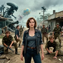 color! hollywood blockbuster. dark fantasy. casually - dressed women with men in dirty seaside town. a globster. 2 0 1 1 cinematic action!! scifi. spinning!!! hybridizing! alien - robot invasion. alien military vehicles and weapons. frightened refugees. young linda hamilton with young sigourney weaver ( in military uniforms ).