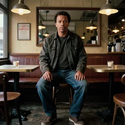 film by david lynch, twin peaks style, pulp fiction movie, highly detailed, photorealistic, full - body, samuel l jackson posing in cafe, perfect symmetrical eyes, 8 k resolution, digital art, hyper realistic