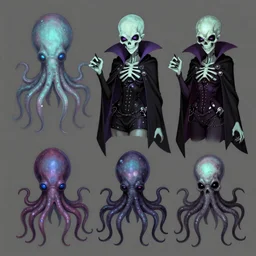 CGI lisa frank gothic punk toxic glow in the dark bones vampiric rockstar vampire squid concept character designs of various shapes and sizes by genndy tartakovsky and the creators of fret nice at pieces interactive and splatoon by nintendo for the new psychonauts by doublefines tim shafer managed by pixar and overseen by Jamie Hewlett from gorillaz
