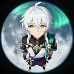 white haired young guy with green eyes on the moon, aurora, smiling, stunning anime portrait, symmetry, ecchi style, makoto shinkai, genshin impact, art, long shot, fisheye