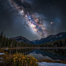 a beautiful double exposure of a deep field astrophotography image by hubble in the sky, and a night time landscape with mountains, forests and a still lake, with reflections, snow, lpoty, award winning, apod, detailed, sharp