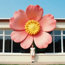 giant flower head, girl standing by 1 9 6 0 window, surreal photography, symmetry, mid century, flat light, bright colours, blue sky, realistic, wes anderson