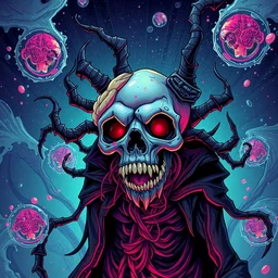 necromancer with gelatin brains, surrounded by vortices micro water, pixiv fanbox, dramatic lighting, maximalist pastel color palette, splatter paint, pixar and disney concept, graphic novel by fiona staples and dustin nguyen, peter elson alan bean wangechi mutu, clean cel shaded vector art, on artstation
