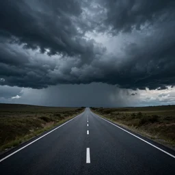 a road leading into a stormy sky, dramatic cinematic scene