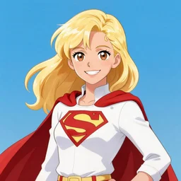 blonde super girl, wearing white shirt, red cape, rossdraws art style , smiling
