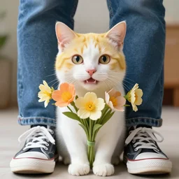 pov shot photography of yellow - patterned white cat, held flowers bouquet in her mouth, under my feet, person wearing jeans and sneakers, large happy eyes, symmetry, face symmetry, octane render, photorealistic, 8 k