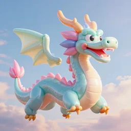 elaborate, giant, massive, detailed, shiny, 3 d, pastel, blowup balloon dragon with eyes and mouth, twisting geometry, floating in a painted sky, cinematic, 4 k by'eva cremers'and'lesley barnes'and'jordan coelho'
