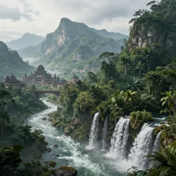 Fantasy world with mountains in the background and waterfall with river on the bottom, on the right dense jungle forest, on the left ancient city with many bridges, highly detailed, matte painting, wide lens, overcast sky, ultra realistic, 4k, 8k resolution, trending on artstation, octane render, unreal engine, cinematic