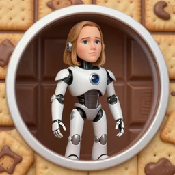 drew barrymore inside smore!, bionic scifi, chocolate and graham cracker background, by charlie bowater, ross tran, artgerm, and makoto shinkai, detailed, inked, western comic book art