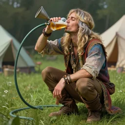 a hippie young man with blonde and silver hair endings, crouching, drinking beer from a a garden hose with a funnel at one end, colourful clothes, hyper realistic, extreme detail, grass, tents, smooth, subtle shadows, fine details, octane render, stunning, intricate, elegant, highly detailed, digital painting, artstation, smooth, sharp focus, raw, art by zdzislaw beksinski