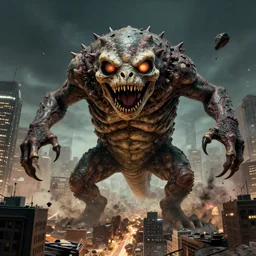 giant cybertoad of death destroying a city