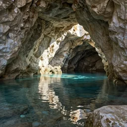 greek island cave water reflecting on the stone, caustics, light, octane render, blender, c 4 d, maya