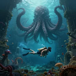 A diver is under the sea, he has a treasure with him, he is swimming away from the giant Cthulhu that is behind hunting him, this is an extravagant planet with wacky wildlife and some mythical animals, the background is full of ancient ruins, the ambient is dark with a terrifying atmosphere, by Jordan Grimmer digital art, trending on Artstation,
