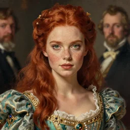 portrait of a stunningly beautiful irish glamour model, red hair, green eyes, freckles, wearing an exquisite gown, greg manchess painting by sargent and leyendecker, studio ghibli fantasy close - up shot asymmetrical intricate elegant matte painting illustration hearthstone, by greg rutkowski by greg tocchini by james gilleard