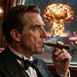 Mr. House, realistic, highly detailed face, looks at the nuclear explosion, from the window of the Lucky 38 Casino, man smokes a cigar, holding it in his Hand, hyperdetailed, artstation trending, ultra HD, artstation, photorealism, ultrarealistic, retro, 45mm, elegant,