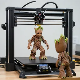 giant 3 d printer and groot watching a 3 d printing another groot, focus on 3 d printer, sharp focus,