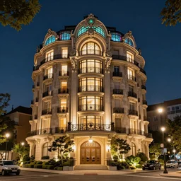 Modern Apartment building with Beautiful Elaborate Architecture by Louis Comfort Tiffany, Victo Ngai, Clint Clearley, Daarken. Beautiful gardens. Nighttime. Apartment lights are on. DLSR. Streetlights. 4K HD