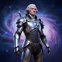 full - body portrait of george washington, warframe armor, scifi, futuristic, galaxy, nebula, raytracing, dreamy, blue cyborg eyes, sharp focus, cinematic lighting, highly detailed, artstation, divine, by gauthier leblanc, kazuya takahashi, huifeng huang