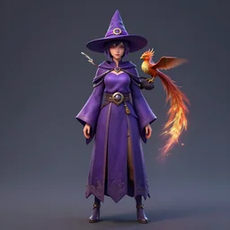 Young beautiful short woman in purple witch robes and pointy hat with a small pet phoenix on her shoulder, full body shot, digital art, detailed render, 3D material