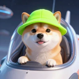 Shiba Inu wearing a neon coloured hat while on a spaceship
