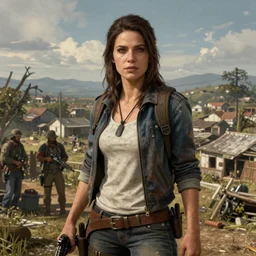 fallout 5, charismatic brunette female protagonist, portrait, outdoors scene, somewhere in a low density rural town, atmospheric lighting, painted, intricate, volumetric lighting, beautiful, daytime, sunny weather, slight overcast, sharp focus, deep colours, ultra detailed, by leesha hannigan, ross tran, thierry doizon, kai carpenter, ignacio fernandez rios