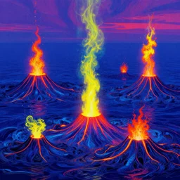 volcanoes under the infinte sea, bright hallucinogenic neon colors, highly detailed, cinematic, eyvind earle, tim white, philippe druillet, roger dean, lisa frank, aubrey beardsley, hiroo isono