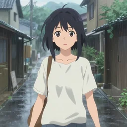 highly detailed anime girl walking through small rainy town, upper body shot, beautiful face and eyes by haruko ichikawa, makoto shinkai