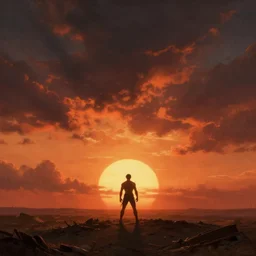 dramatic sunset and dramatic sky , lone muscular man in the middle of the sun , painting by frazetta, low angle perspective, postapocalyptic panorama.asthetics !