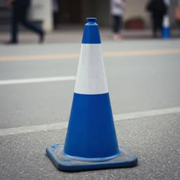 a blue traffic cone, 3 5 mm lens, street photography