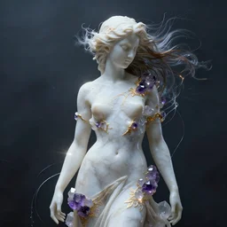 abstract female sculpture made of white marble and amethyst crystals quartz, ethereal lights, fine details, artstation. com, film still, cinematic photoshooting, luxury, strong wind, dark mood, sad, liquid acrylic painting, optical cables, cold colors, golden filigree, lens flares, octane render