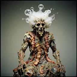 a perfect photograph of an ornately decorated lard sculpture of a haunted man, fractal foam bubbles erupting all over his head and dripping with semi molten bacon over his swirling, pathetic, torn and ragged body. 3 5 mm film, studio lighting and gallery quality