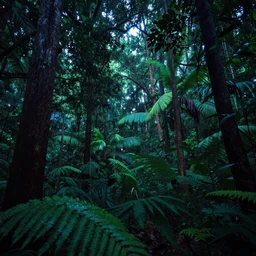 a rainforest clearing at night softly lit by neon lights, dim lighting, leaves in foreground, HD, 8k, high resolution, photo