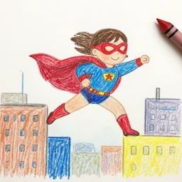 Kids crayon drawing of a girl super hero flying above a city