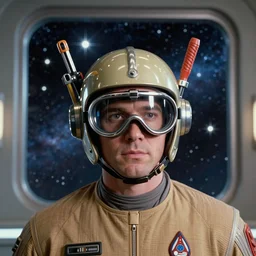 geordi la forge wearing chrome googie visor and hardware tools on his head, mid - century modern, stars and galaxies in background window, single image, photograph
