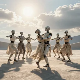 a wide - angle dreamscape where robots are learning to perform a dance. the robots are dressed up in a piece of linen. the sun is shining