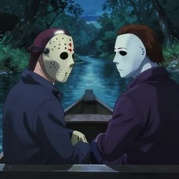 ! dream jason voorhees ( friday the 1 3 th ) and michael myers ( halloween ), sitting next to each other, facing the river in one single boat. atmospheric lighting, closeup shot, romantic, trees, blue water, narrow river, close river bank, shady. anime. by makoto shinkai, stanley artgerm lau, wlop, rossdraws, james jean, andrei riabovitchev, marc simonetti, krenz cushart, sakimichan, d & d trending on artstation, digital art.