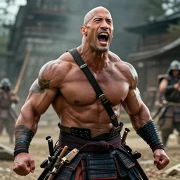 dwayne johnson screaming as samurai in last samurai movie, unreal engine