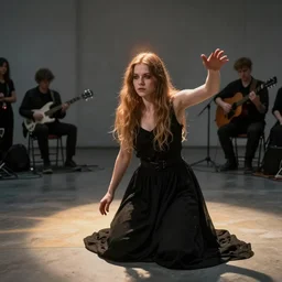 performance art with eliza douglas, a young woman transforming the sun into a conspiracy theory, photorealism, black metal music playing in the background, documentary