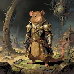 a battle ready anthropomorphic rodent with baroque tactical gear on an abandonment otherworldly planet, high intricate details, long shot, rule of thirds, golden ratio, graphic novel by fiona staples and dustin nguyen, by beaststars and orange, peter elson, alan bean, studio ghibli, makoto shinkai
