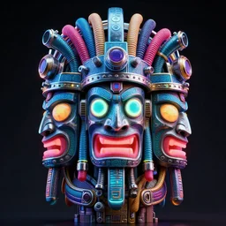 awardwinning photo of a three faced steampunk tiki with three faces, wearing a glowing blue and silver metallic aztec futurism helmet with multicolored tubes and shiny metallic devices, 3 d render, crisp, 8 k, fluorescent colors, insanely integrate, nikon photography