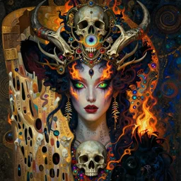 The Queen of Bones by Karol Bak, Jean Deville, Gustav Klimt, and Vincent Van Gogh, portrait of a majestic demonic queen, vampiress, jade green cat eyes on fire, mystic eye, otherworldly, crown made of bones, antlers, horns, ornate jeweled crown, skull, fractal structures, arcane, inferno, inscribed runes, infernal relics, ornate gilded medieval icon, third eye, spirals, rich deep moody colors
