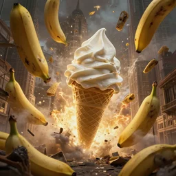 giant icecream cones falling into and exploding buildings, dim volumetric lighting, 8 k octane beautifully detailed render, post - processing, extremely hyper - detailed, intricate, epic composition, giant bananas natural disaster, cinematic lighting, masterpiece, trending on artstation, detailed detailed detailed, masterpiece, stunning art by anders zorn, wonderful masterpiece by greg rutkowski, beautiful cinematic light, american romanticism by greg manchess, jessica rossier