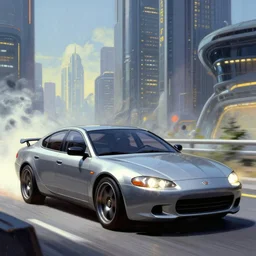 a sport sedan car in a future city. style by frank frazetta, peter elson, and eyvind earle.