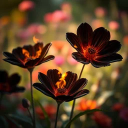 hyper realistic black flowers with fire texture on the petals, beaultiful background garden, vibrant colors, bokeh, illustrated by greg rutkowski, beautiful volumetric lighting, intricate, ultra detailed, photorealistic, trending on artstation, octane render, 8 k