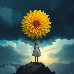closeup girl with giant yellow dahlia flower as a face, standing on mountain, surreal photography, blue storm clouds, dramatic light, impressionist painting, digital painting, artstation, simon stalenhag